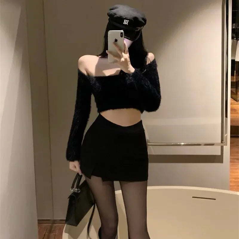 2026 Black Split Mini Skirts Women Summer Club High Waist Slit Skirt Streetwear Korean Party Fashion Irregular Slim A Line Skirt