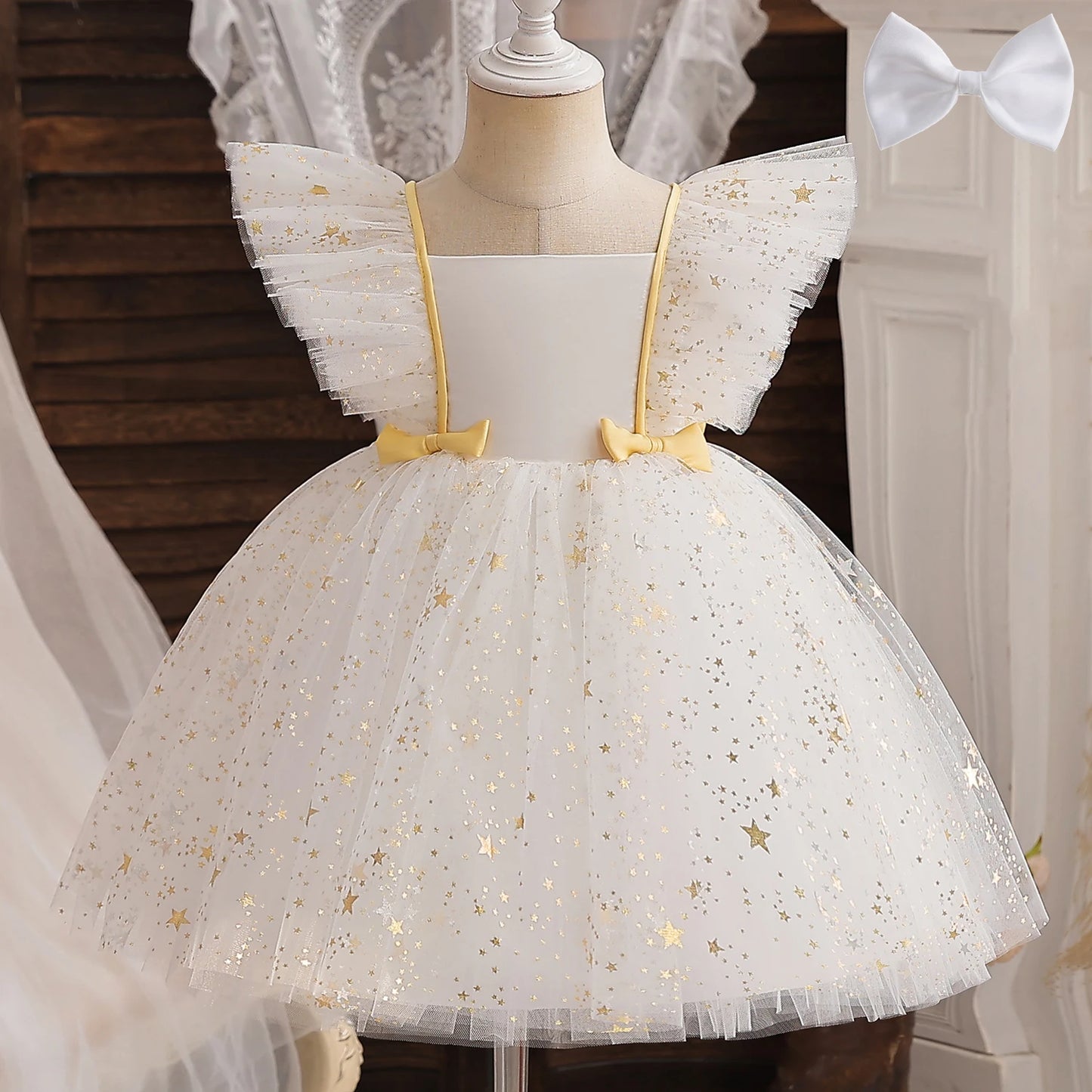 Toddler Baby Girls Dress Bow Baptism Dress for Girls 1 Yrs Birthday Party Wedding Beading Dress Formal Occasion Tutu Fluffy Gown