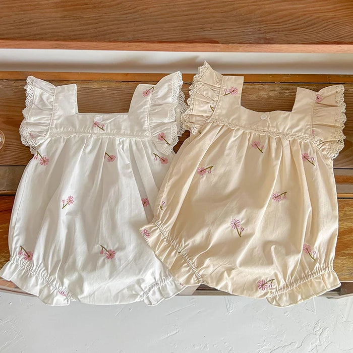 Newborn Baby Girls Jumpsuit Flying Sleeve Cotton Flower Embroidery Toddler Baby Girl Bodysuits Baby Girls Clothes For Summer