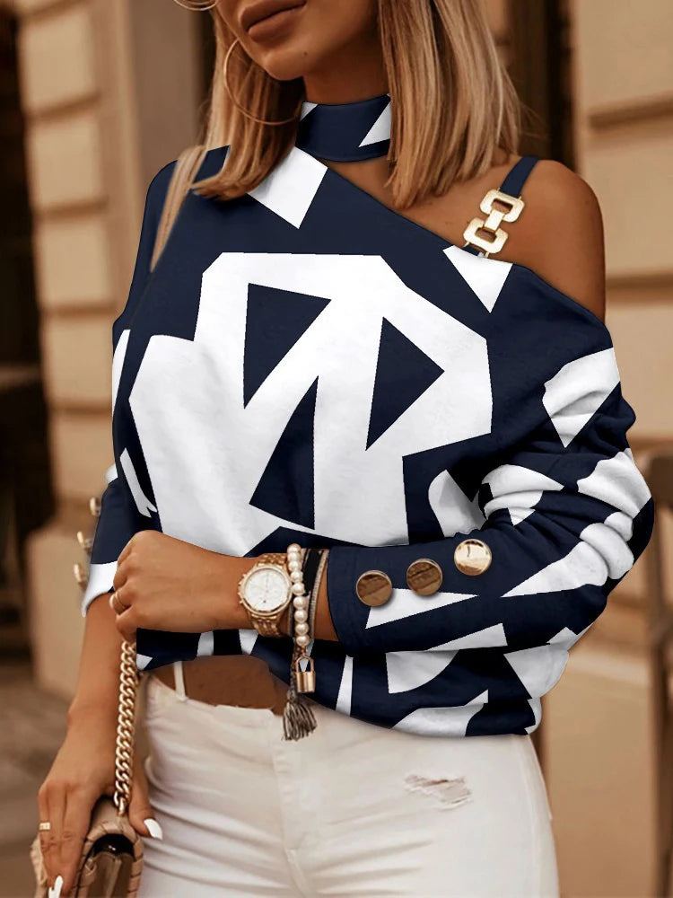 Sexy Off Shoulder Halter Neck Women Blouse Long Sleeve Fashion Print Casual Loose Tops 2026 Autumn Elegant Office Ladies Blouses