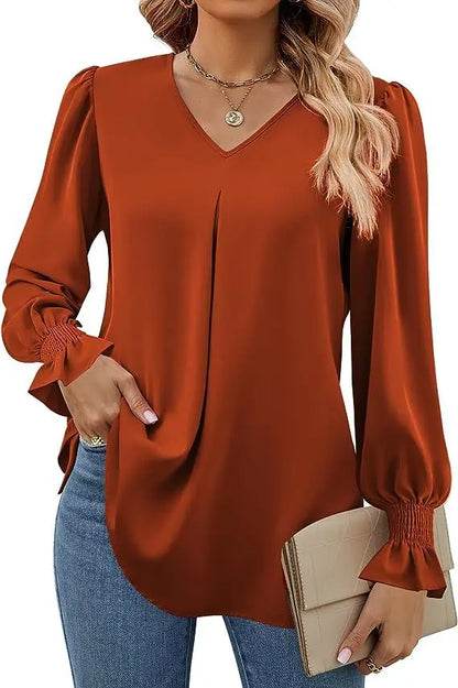 Women's New Solid Color Chiffon Shirt V-neck Pullover Flared Long Sleeved Top Shirt Office Lady Elegant Khaki Loose Blouse