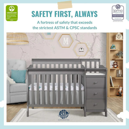 4-in-1 Mini Convertible Crib And Changer in Storm Grey, Greengard Gold Certified, Non-Toxic Finish