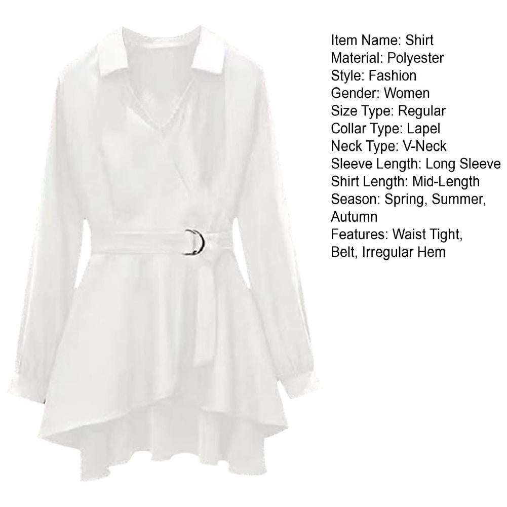 M-4XL Women's Shirt Lapel V Neck Long Sleeves Irregular Hem Plus Size Waist Tight Adjustable Belt Pullover Shirt Female Clothing