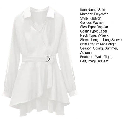 M-4XL Women's Shirt Lapel V Neck Long Sleeves Irregular Hem Plus Size Waist Tight Adjustable Belt Pullover Shirt Female Clothing