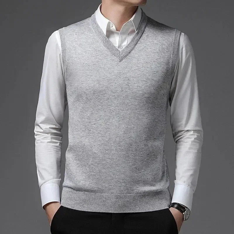 New Men's Autumn High-end Sweater Vest V-neck Warm Knit Sleeveless Men's Clothes Pullover Tops
