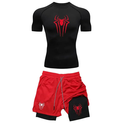 Men's Workout Compression Set Y2K Spider Printed Gym T-shirts Breathable Running Shorts Quick Dry Sports Rash Guard Sportwear Set