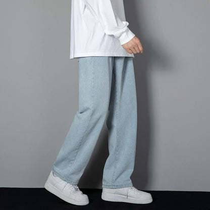 2026 New Korean Men's Casual Long Jeans Classic Man Straight Denim Wide-leg Pants Solid Color Light Blue Grey Black 3XL