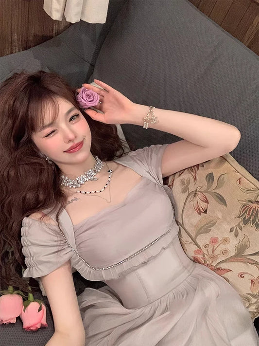 Korean Casual Midi Dress for Women 2026 New Summer Fashion Elegant Off The Shoulder Folds Ruffle Female Clothes Birthday Dress
