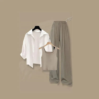 2026 Summer New Fashion Tracksuit Matching Set Women's Elegant White Sunscreen Shirt+ Vest+ Casual Wide Leg Pants 3-Piece Suit