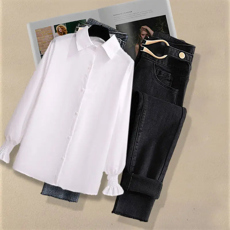 2026 Autumn Increased Size Korean Popular Chiffon Shirt Knitted Sweater Jeans Three Piece Elegant Women's Pants Set Tracksuit
