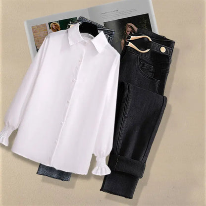 2026 Autumn Increased Size Korean Popular Chiffon Shirt Knitted Sweater Jeans Three Piece Elegant Women's Pants Set Tracksuit