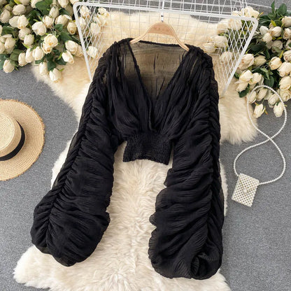 Women Sexy Chiffon Short Blouse Female See Through Super Long Sleeve Purple/Green/Black/White Folds Party Tops 2026 New