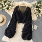 Women Sexy Chiffon Short Blouse Female See Through Super Long Sleeve Purple/Green/Black/White Folds Party Tops 2026 New