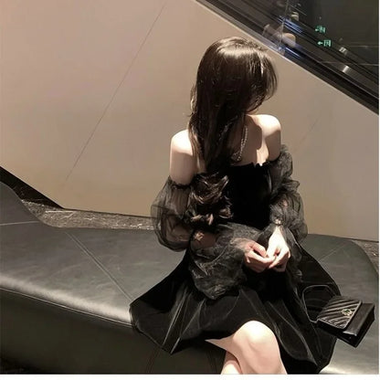 New 2026 Black Retro Dress Women Lace Chiffon Mini Dress Female High Street Sexy Korean Fashion Dress Women Club Dress