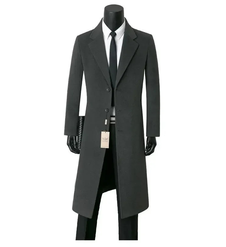 Men's Medium Length Woolen Coat, Business Casual  Warm Windbreaker, Suit Collar, Autumn, Winter