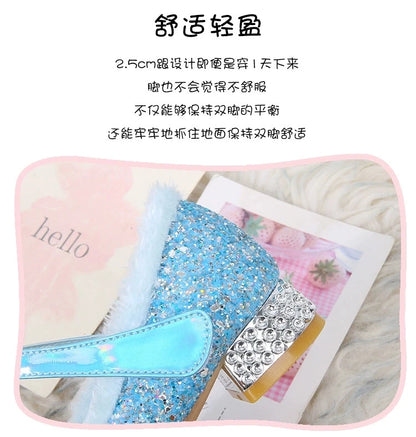 Disney Princess Crystal Girls Shoes Frozen Elsa Sophia Rhinestones Shoes Performance Party High Heels Pink Blue Shoes Size 23-36