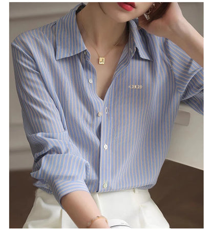 Women's Shirt New Popular Classic High Grade Female Long Sleeved Shirt Vintage Elegant Stripe Versatile Office Lady Fashion Tops