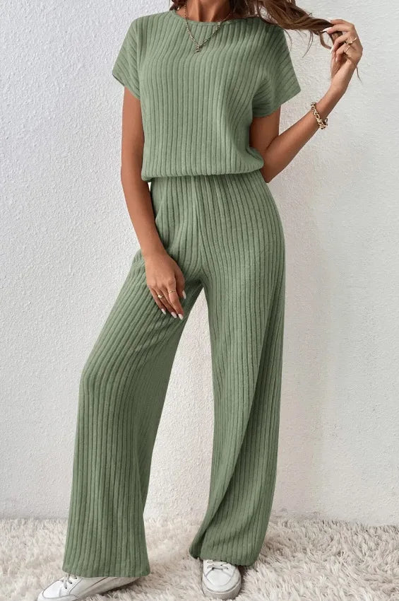 Women Spring Autumn New Collection Solid Color Fine Pit Strip Fashion Shoulder Short Sleeve Knitted Set Top Pants Two Piece Set