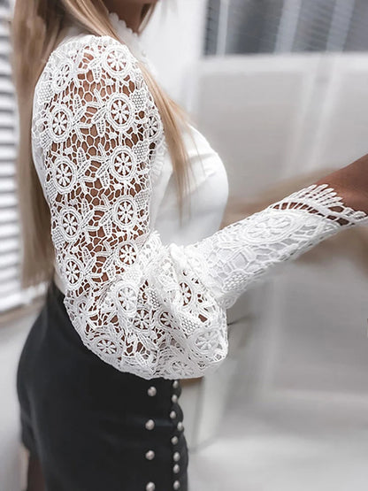 Shirts Elegant Office Ladies White Collared Lace Patchwork Hollow Out Button Up Women's Tops And Blouses 2026 Fashion New Blouse