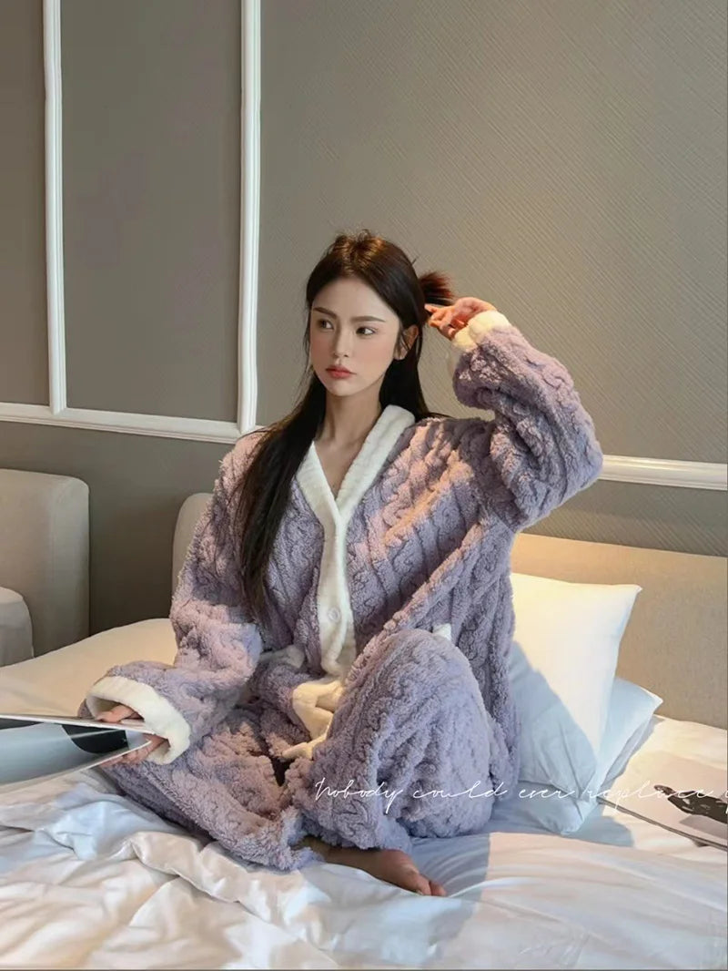 2pcs/Set Autumn And Winter Pajamas Women Thickened Padded Warm Students Coral Girls Clot Velvet Suit Home wear Cardigan Trousers