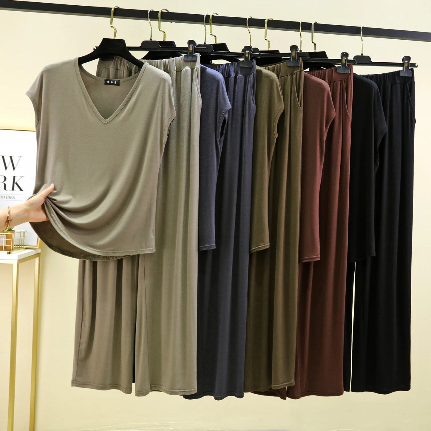 Modal Home wear 2pcs set V-Neck T-shirt sleeveless and Pants summer women's Loose sleepwear suits Solid color Casual Pajamas sets