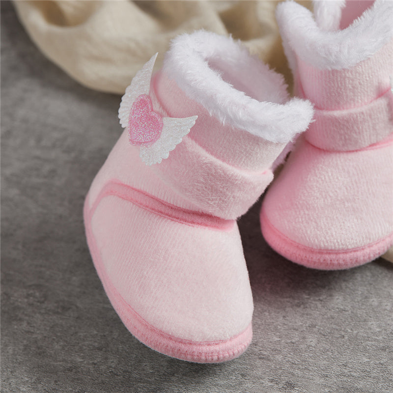 Suefunskry Newborn Baby Winter Snow Boots Contrast Color Ankle Boots Warm Plush Heart Wings Baby Walking Shoes for Toddler 0-18M