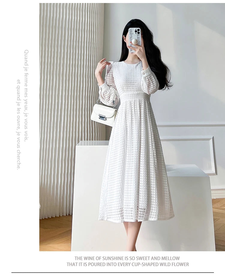 Lace Long Sleeves White Midi Dresses for Women 2026 New Autumn French Elegant Fashion Evening Wedding Party Robe Female Clothing