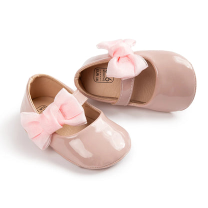 Newborn Baby Shoes Baby Boy Girl Shoes Girl Classic Bowknot Rubber Sole Anti-slip PU Dress Shoes First Walker Toddler Crib Shoes