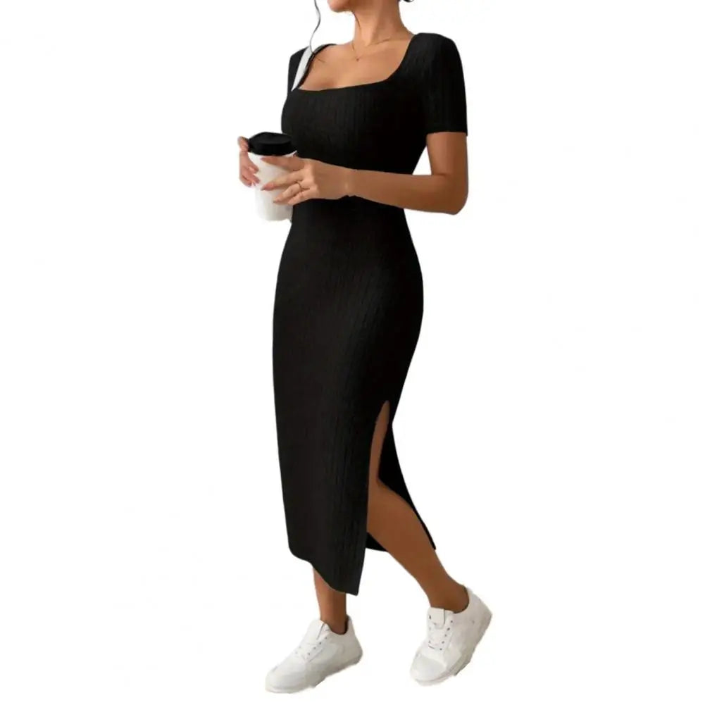 Women Summer Dress Split Hem Knitted Elastic Mid-calf Length Knitted Slit Dress Lady Party Commute Casual Ins Style Midi Dress
