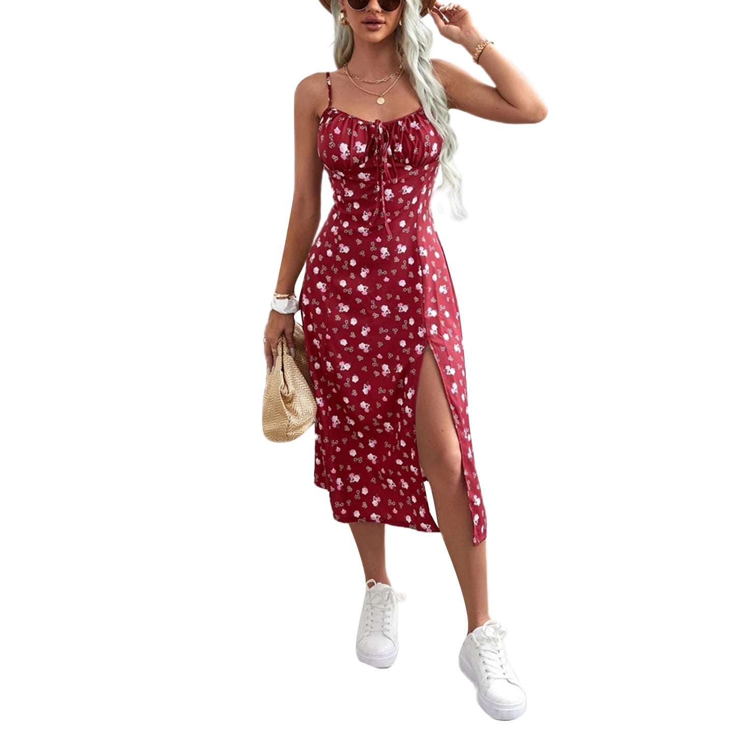 Women's Clothing Summer 2025 Trend Floral Dress, Flower Print Spaghetti Strap Sleeveless  with High Slit for Ladies