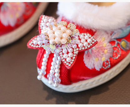Kids Princess Embroidery Shoes Girls Winter Warm Cotton Shoes Traditional Chinese Style Children Hanfu Performance Flats Shoes