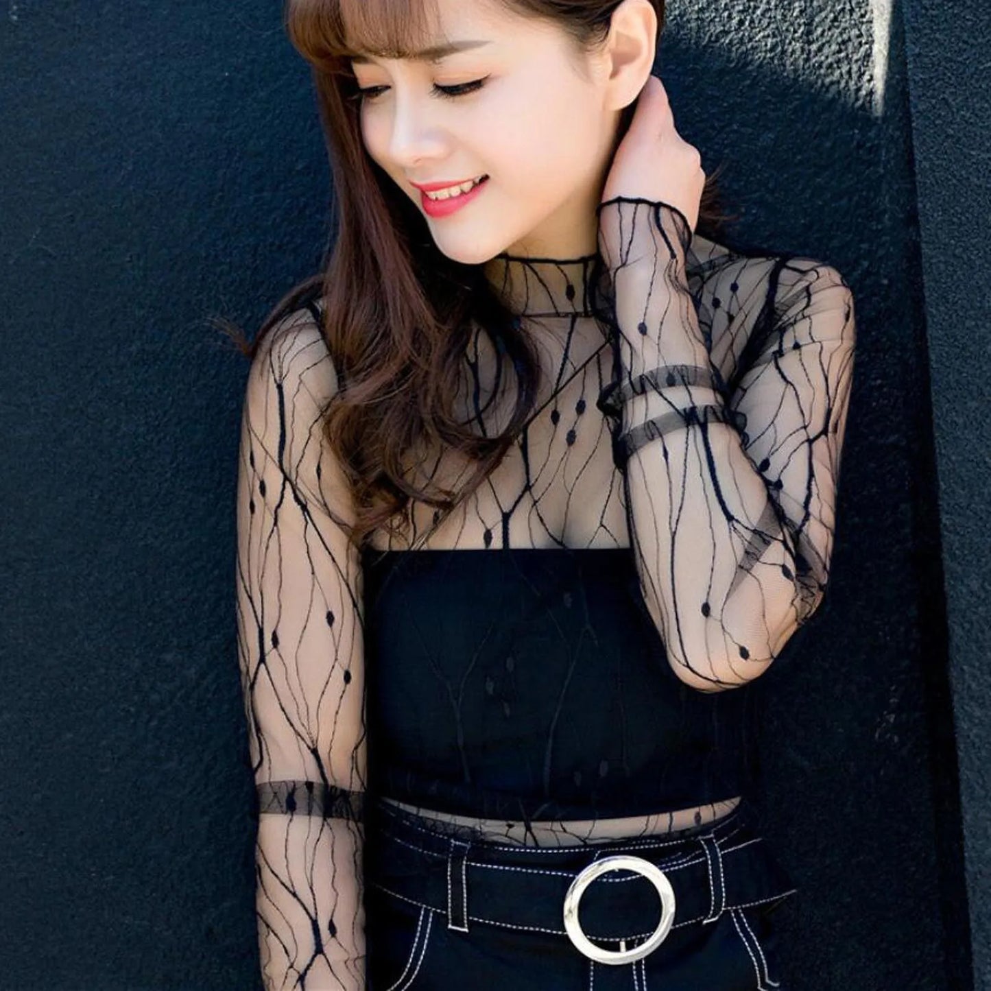Women Daisy Print Lace Sheer Tops Sexy Tees Long Sleeve Thin Mesh Shirts Fashion Ladies Top 2026 Summer Sunscreen Blouse