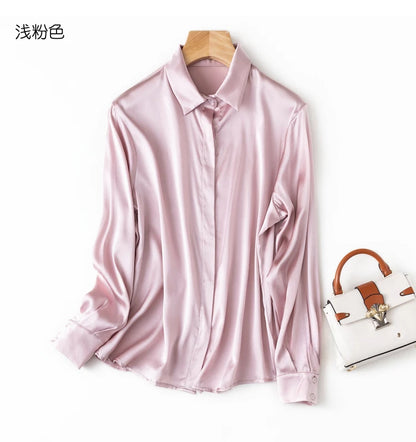 Tajiyane Women's 93% Mulberry Silk 7% Spandex 19 momme satin Silk Buttons long sleeve shirt Top Blouse office work chemise femme