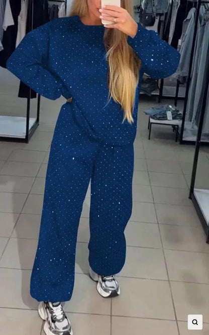 Women's Pants Suit Autumn New O-neck Hot Diamond Long-sleeved T-shirt Drawstring Sweatpants Fashionable Ladies 2-piece Sets