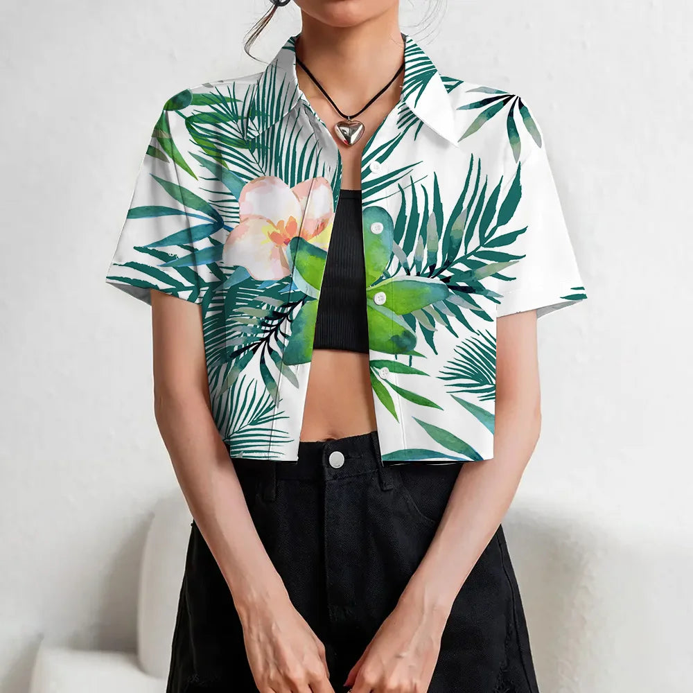 Women's Lapel Button Tank Tops Shirts Summer Casual Short Sleeve Shirts 3D Cherry Printed Women's Clothing Navel Exposed Shirts