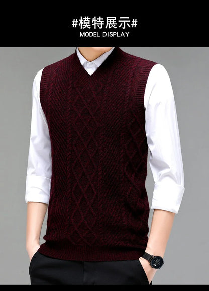 Stylish V-neck Jacquard Knit Sleeveless Sweater Vest for Men Middle-aged Men Fashion Solid Color Warm Top