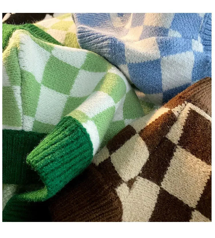 Men's Checkerboard Plaid V-neck Knitted Vest Female Spring Autumn Loose Couple Sweater Coat Sleeveless Vests Casual Tops