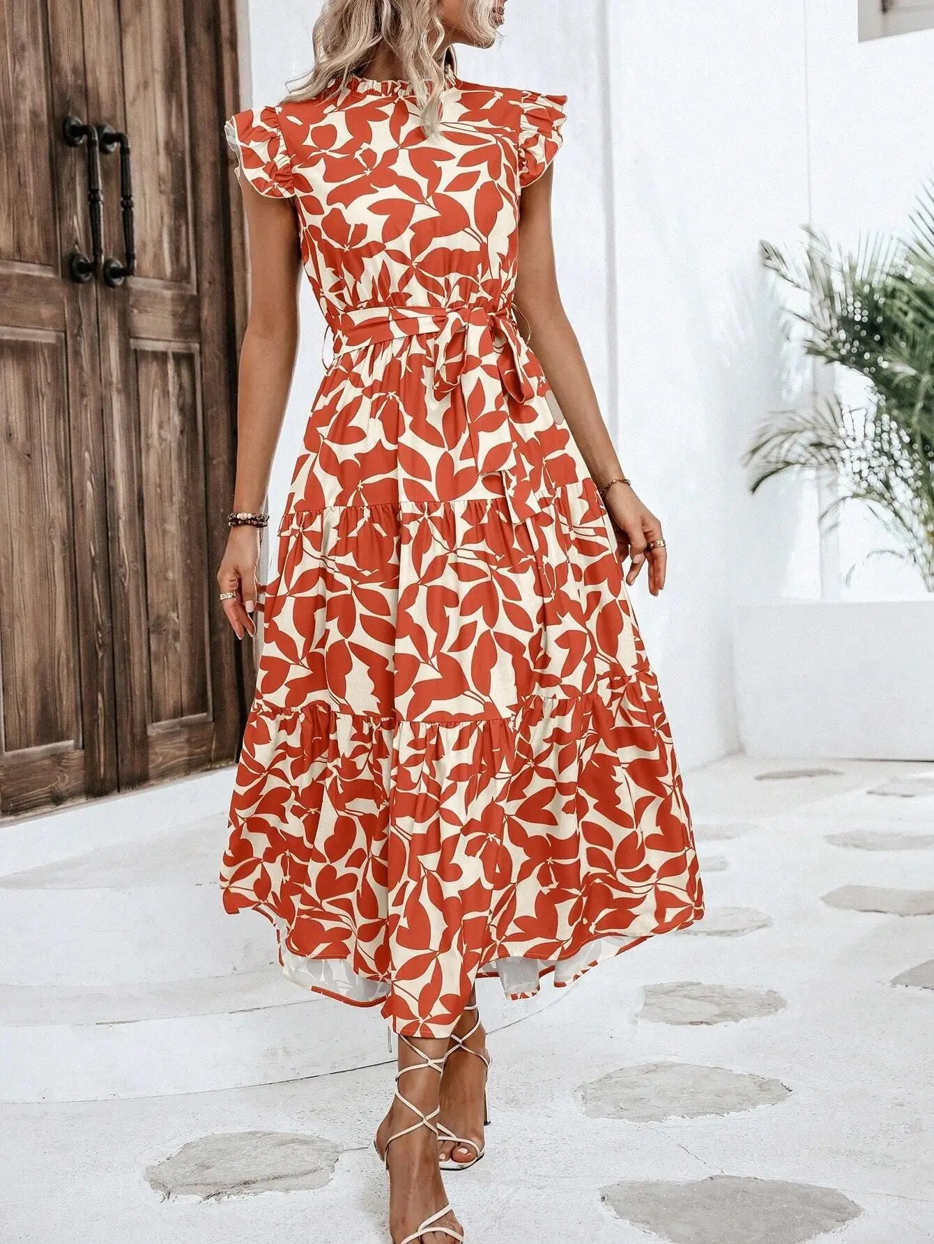 Elegant Women's Flower Midi Dress New Summer Fashion Stand Collar Flying Sleeve Lace Up Dress Casual Beach Holiday Dresses Robe