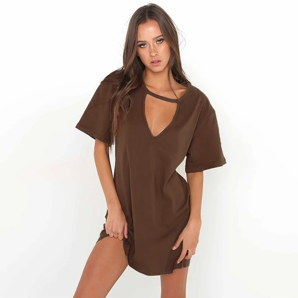 Summer Sexy Mini Black Dress 2026 V Neck Cut Out Loose Dress Women Elegant Short Sleeve Club Party Dress Solid Color Streetwear