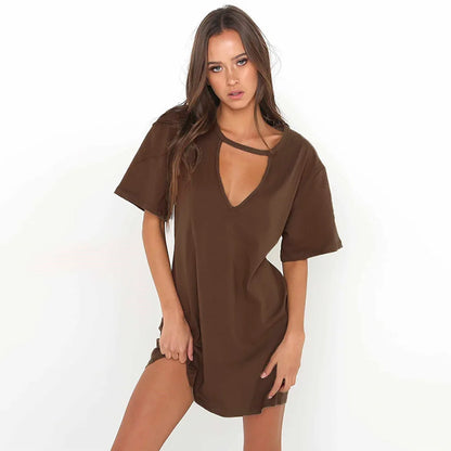 Summer Sexy Mini Black Dress 2026 V Neck Cut Out Loose Dress Women Elegant Short Sleeve Club Party Dress Solid Color Streetwear