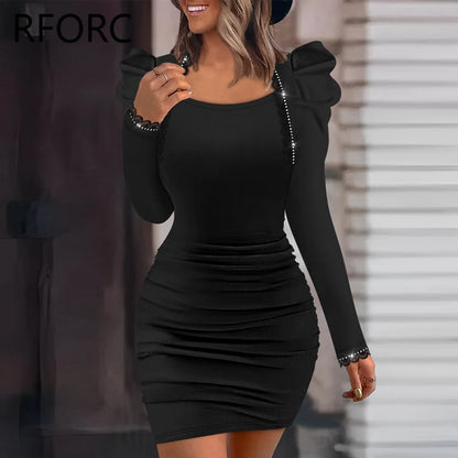 2026 Women Solid Long Puff Sleeves Rhinestone Decoration Folds Mini Bodycon Party Black Dress