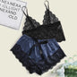 Women's Sexy Lace Sleepwear Lace Necklacing Lingerie Sleeveless V-Neck Baby doll Pajamas Set Lingerie Tops Shorts Set Nightwear