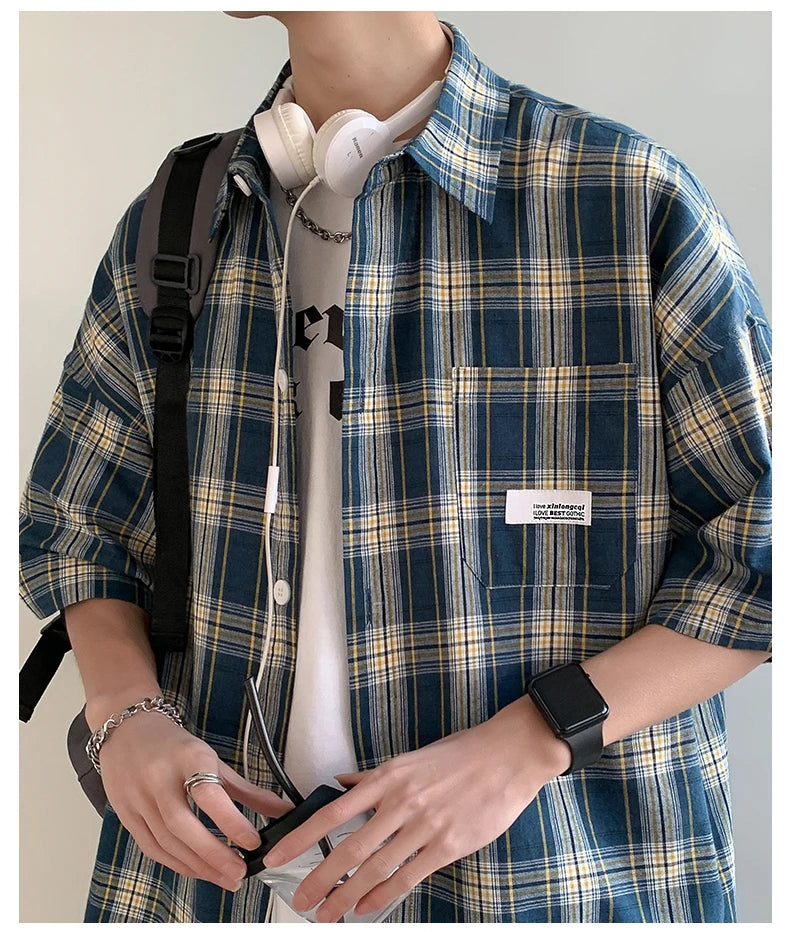 Korean Y2k Streetwear Plaid Shirt Men Shirts 2025 New Summer Fashion Chemise Homme Men's Checkered Shirts Short Sleeve Men Blouse