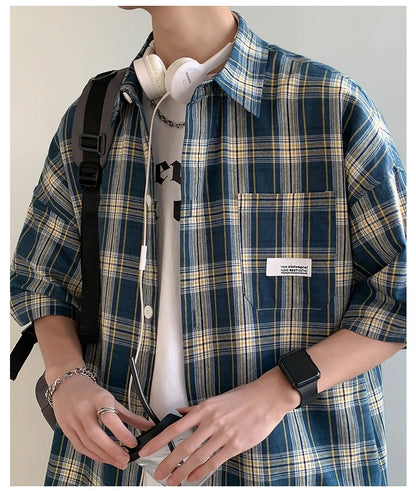 Korean Y2k Streetwear Plaid Shirt Men Shirts 2025 New Summer Fashion Chemise Homme Men's Checkered Shirts Short Sleeve Men Blouse