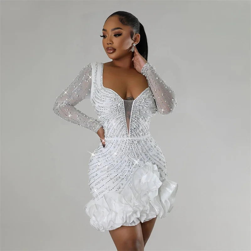 2025 New Women Mesh Sleeve Bodycon Sexy Diamonds Birthday Party Dress Tiered Ruffles Rhinestone Pearls Party Night Dress Pink