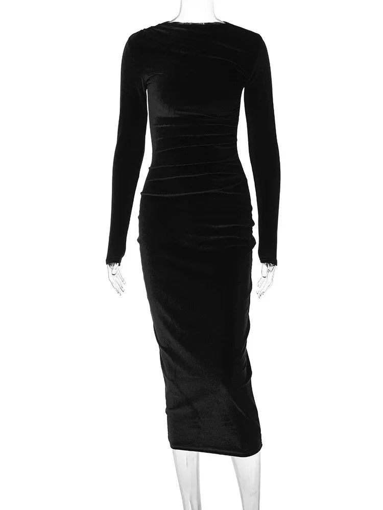BWQ 2026 Spring Summer Velvet Long Sleeve Midi Dress For Women Ruched Long Dress Elegant Party Clothes Evening Green Outfits
