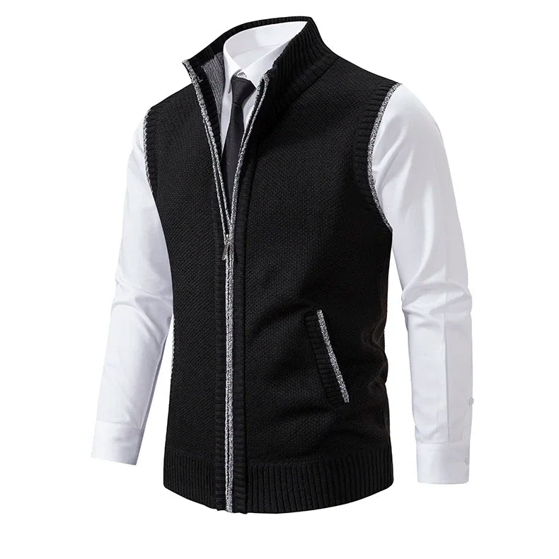 Vest Men Knitted Sleeveless Sweater Jacket Wool Velvet Zipper Cardigan Turn-down Pullovers Turtleneck Sweater coat Knit Waistcoat