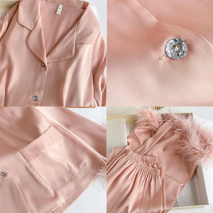 Spring Autumn Female Pajamas Trouser Set Luxury Feather Pink Bride Wedding Sleep wear Gift Sexy Loose Satin Home Wear Lounge wear