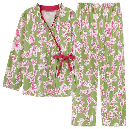 Spring Autumn V-Neck Pajamas Female Pajamas Sets Elegant Floral Japanese Kimonos For Women Big Yards M-4XL Cotton