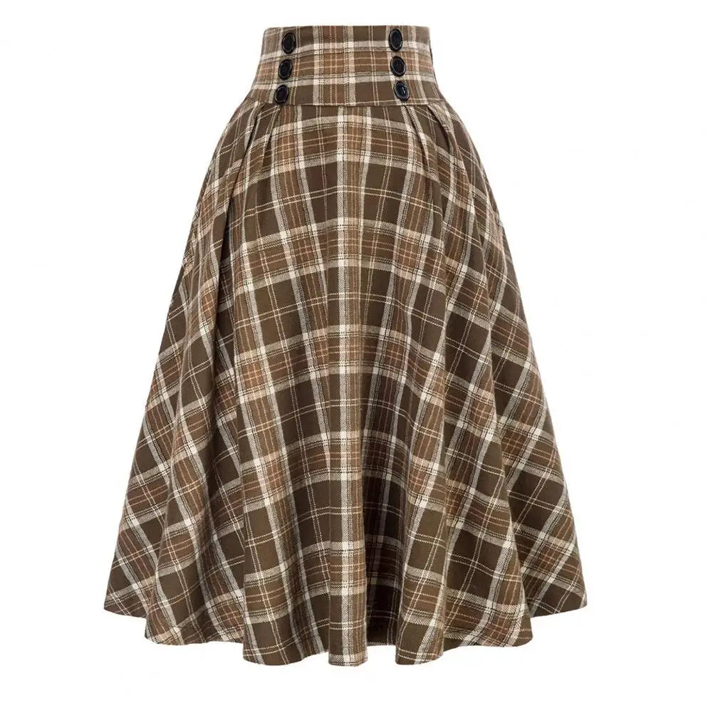 Loose Fit Skirt Elegant Retro Ruffle Maxi Skirt with Color block Plaid Print Soft Pockets for Women High Elastic Waist for Party